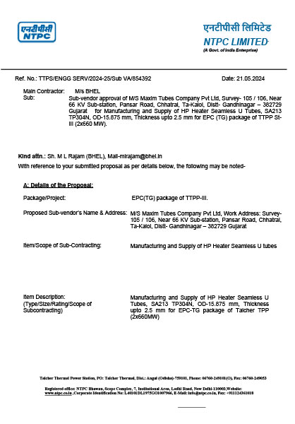 NTPC SS Tubes for HP Heaters