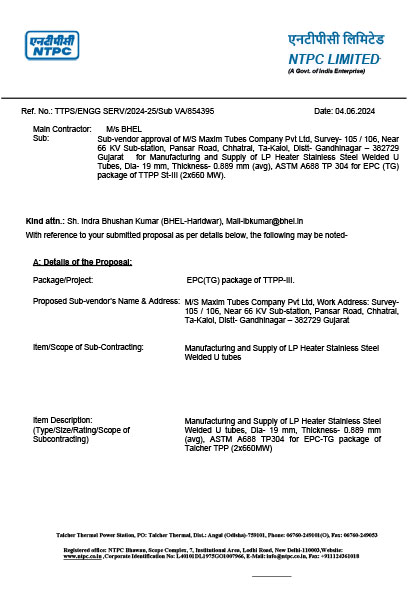 NTPC SS Tubes for LP Heaters Condensor