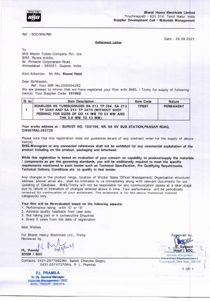 Certificate – BHEL / Trichy